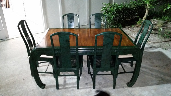VINTAGE HENREDON FAUX MALACHITE CHINOISERIE MING WATERFALL DINING SET WITH SIX CANE DINING CHAIRS