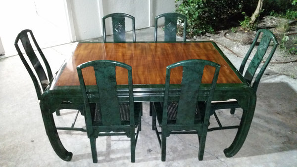 VINTAGE HENREDON FAUX MALACHITE CHINOISERIE MING WATERFALL DINING SET WITH SIX CANE DINING CHAIRS
