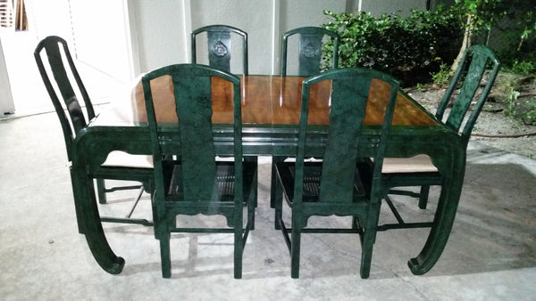 VINTAGE HENREDON FAUX MALACHITE CHINOISERIE MING WATERFALL DINING SET WITH SIX CANE DINING CHAIRS