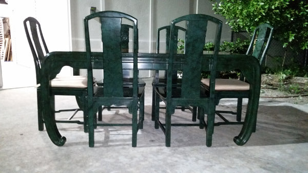 VINTAGE HENREDON FAUX MALACHITE CHINOISERIE MING WATERFALL DINING SET WITH SIX CANE DINING CHAIRS