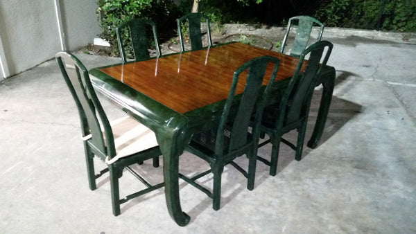 VINTAGE HENREDON FAUX MALACHITE CHINOISERIE MING WATERFALL DINING SET WITH SIX CANE DINING CHAIRS