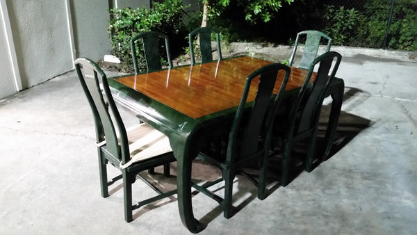 VINTAGE HENREDON FAUX MALACHITE CHINOISERIE MING WATERFALL DINING SET WITH SIX CANE DINING CHAIRS