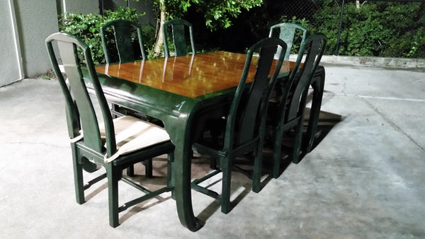 VINTAGE HENREDON FAUX MALACHITE CHINOISERIE MING WATERFALL DINING SET WITH SIX CANE DINING CHAIRS