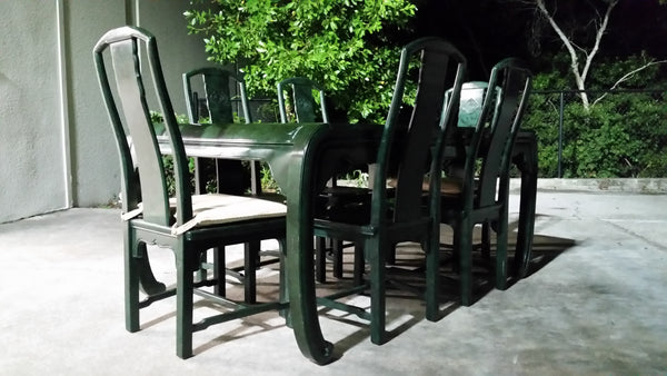VINTAGE HENREDON FAUX MALACHITE CHINOISERIE MING WATERFALL DINING SET WITH SIX CANE DINING CHAIRS