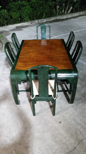 VINTAGE HENREDON FAUX MALACHITE CHINOISERIE MING WATERFALL DINING SET WITH SIX CANE DINING CHAIRS