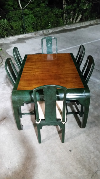 VINTAGE HENREDON FAUX MALACHITE CHINOISERIE MING WATERFALL DINING SET WITH SIX CANE DINING CHAIRS