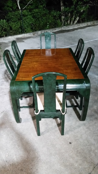 VINTAGE HENREDON FAUX MALACHITE CHINOISERIE MING WATERFALL DINING SET WITH SIX CANE DINING CHAIRS
