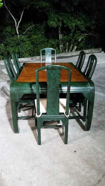 VINTAGE HENREDON FAUX MALACHITE CHINOISERIE MING WATERFALL DINING SET WITH SIX CANE DINING CHAIRS