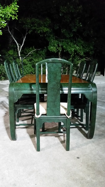 VINTAGE HENREDON FAUX MALACHITE CHINOISERIE MING WATERFALL DINING SET WITH SIX CANE DINING CHAIRS