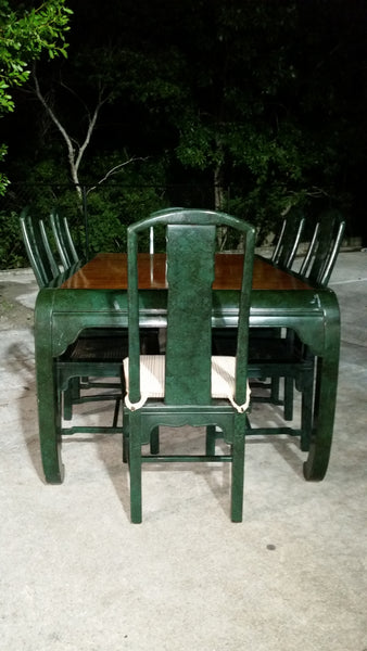 VINTAGE HENREDON FAUX MALACHITE CHINOISERIE MING WATERFALL DINING SET WITH SIX CANE DINING CHAIRS