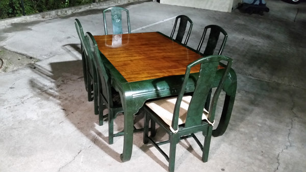 VINTAGE HENREDON FAUX MALACHITE CHINOISERIE MING WATERFALL DINING SET WITH SIX CANE DINING CHAIRS