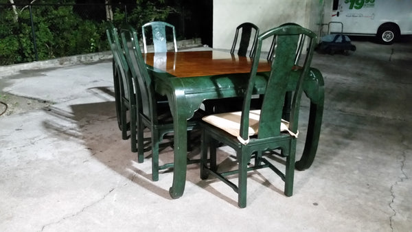 VINTAGE HENREDON FAUX MALACHITE CHINOISERIE MING WATERFALL DINING SET WITH SIX CANE DINING CHAIRS