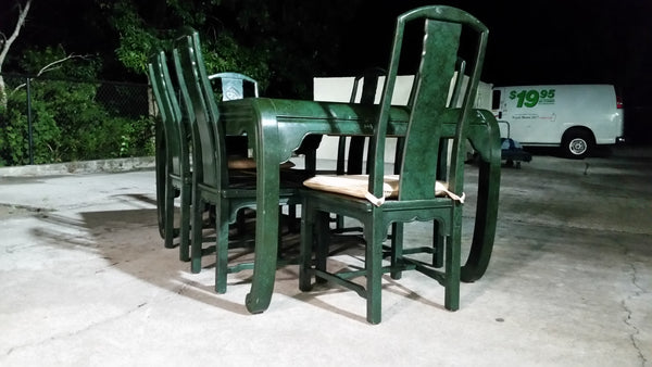 VINTAGE HENREDON FAUX MALACHITE CHINOISERIE MING WATERFALL DINING SET WITH SIX CANE DINING CHAIRS