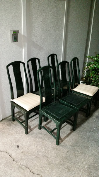 VINTAGE HENREDON FAUX MALACHITE CHINOISERIE MING WATERFALL DINING SET WITH SIX CANE DINING CHAIRS