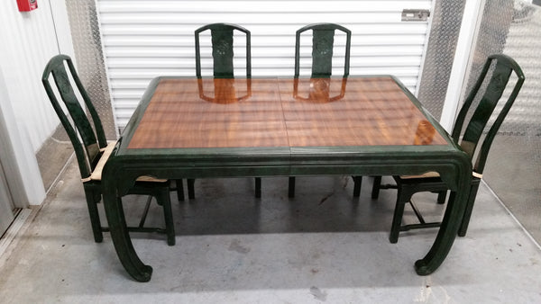 VINTAGE HENREDON FAUX MALACHITE CHINOISERIE MING WATERFALL DINING SET WITH SIX CANE DINING CHAIRS