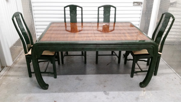 VINTAGE HENREDON FAUX MALACHITE CHINOISERIE MING WATERFALL DINING SET WITH SIX CANE DINING CHAIRS