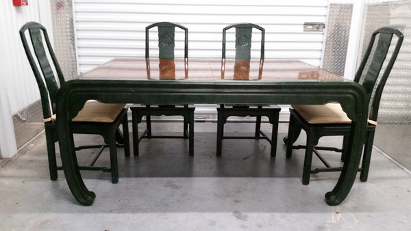 VINTAGE HENREDON FAUX MALACHITE CHINOISERIE MING WATERFALL DINING SET WITH SIX CANE DINING CHAIRS