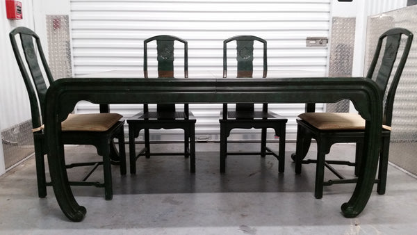 VINTAGE HENREDON FAUX MALACHITE CHINOISERIE MING WATERFALL DINING SET WITH SIX CANE DINING CHAIRS