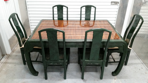 VINTAGE HENREDON FAUX MALACHITE CHINOISERIE MING WATERFALL DINING SET WITH SIX CANE DINING CHAIRS