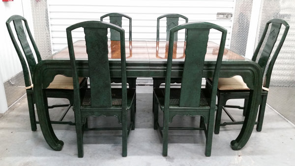 VINTAGE HENREDON FAUX MALACHITE CHINOISERIE MING WATERFALL DINING SET WITH SIX CANE DINING CHAIRS