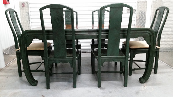 VINTAGE HENREDON FAUX MALACHITE CHINOISERIE MING WATERFALL DINING SET WITH SIX CANE DINING CHAIRS