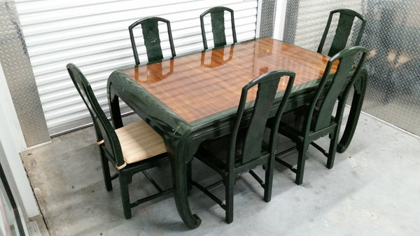 VINTAGE HENREDON FAUX MALACHITE CHINOISERIE MING WATERFALL DINING SET WITH SIX CANE DINING CHAIRS
