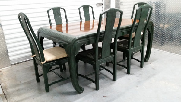 VINTAGE HENREDON FAUX MALACHITE CHINOISERIE MING WATERFALL DINING SET WITH SIX CANE DINING CHAIRS