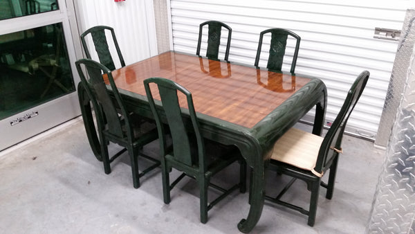 VINTAGE HENREDON FAUX MALACHITE CHINOISERIE MING WATERFALL DINING SET WITH SIX CANE DINING CHAIRS