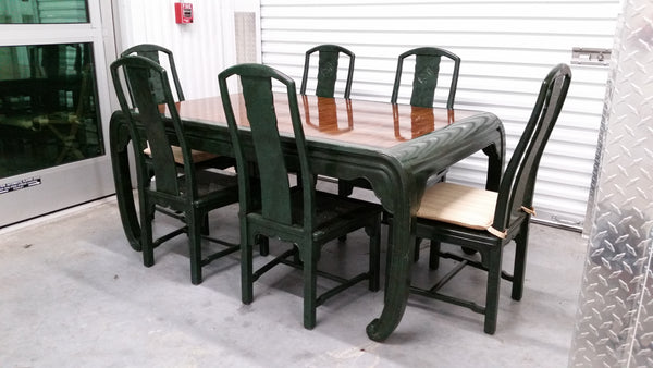 VINTAGE HENREDON FAUX MALACHITE CHINOISERIE MING WATERFALL DINING SET WITH SIX CANE DINING CHAIRS