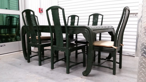 VINTAGE HENREDON FAUX MALACHITE CHINOISERIE MING WATERFALL DINING SET WITH SIX CANE DINING CHAIRS