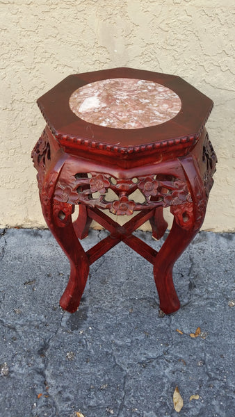 ANTIQUE HAND CARVED OCTAGON ROSEWOOD/ MARBLE ASIAN ACCENT/ END TABLE/ PLANT STAND ~ MISC