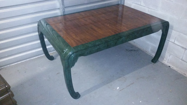 VINTAGE HENREDON FAUX MALACHITE CHINOISERIE MING WATERFALL DINING SET WITH SIX CANE DINING CHAIRS