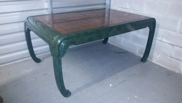 VINTAGE HENREDON FAUX MALACHITE CHINOISERIE MING WATERFALL DINING SET WITH SIX CANE DINING CHAIRS