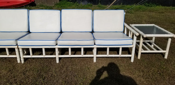 VINTAGE WHITE PVC FAUX BAMBOO OUTDOOR SET W/CUSHIONS ~ SOFA (2), LOVESEAT, END TABLE (2) ~ MISC