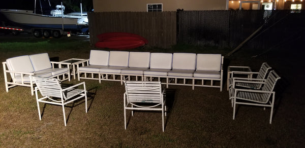 VINTAGE WHITE PVC FAUX BAMBOO OUTDOOR SET W/CUSHIONS ~ SOFA (2), LOVESEAT, END TABLE (2) ~ MISC