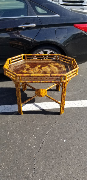 VINTAGE~ISH TORTOISE SHELL/ TIGER/ BURNT FAUX BAMBOO/ LEATHER OCTAGON COFFEE TABLE W/ TURTLE DOVES/ BIRDIES