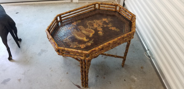 VINTAGE~ISH TORTOISE SHELL/ TIGER/ BURNT FAUX BAMBOO/ LEATHER OCTAGON COFFEE TABLE W/ TURTLE DOVES/ BIRDIES