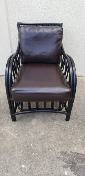 VINTAGE PALECEK BLACK🖤 RATTAN LOUNGE/ O/S/ ACCENT CHAIR W/ LEATHER CUSHIONS