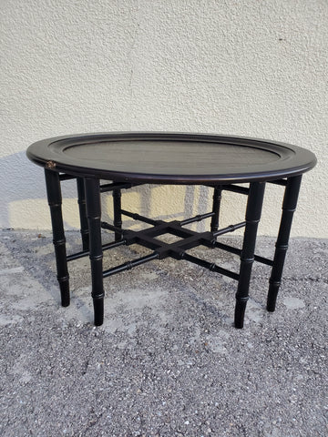 ETHAN ALLEN BLACK CHINOISERIE FAUX BAMBOO PAGODA TRAY TOP COFFEE TABLE