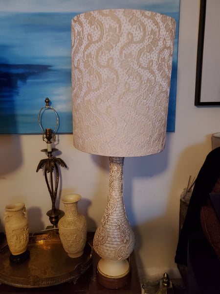 ANTIQUE WHITE CINNABAR HAND CARVED 🌹FLORAL🌷 LAMPS W/ SHADES (2)