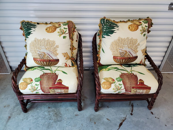 VINTAGE McGUIRE TWISTED/ BRAIDED/ BENT RATTAN ACCENT CHAIRS ~ O/S CHAIRS W/ RAWHIDE LEATHER WRAPS AND DOWN FILLED CUSHIONS/ PILLOWS (2)