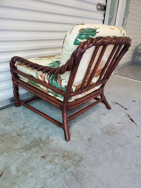 VINTAGE McGUIRE TWISTED/ BRAIDED/ BENT RATTAN ACCENT CHAIRS ~ O/S CHAIRS W/ RAWHIDE LEATHER WRAPS AND DOWN FILLED CUSHIONS/ PILLOWS (2)