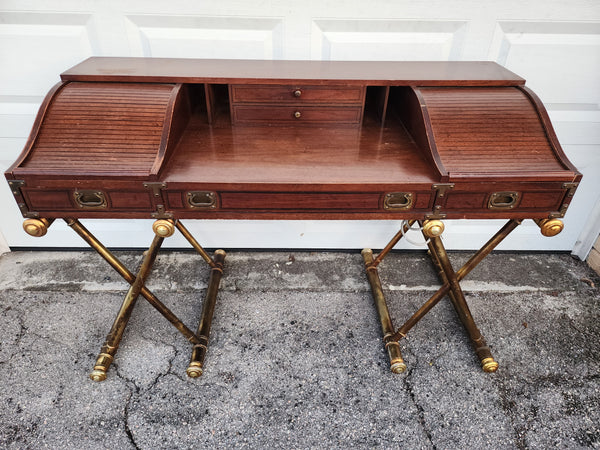 VINTAGE DREXEL OXFORD SQUARE CAMPAIGN TAMBOUR/ ROLL TOP DESK ON GILDED SAWHORSE/ X BASE LEGS