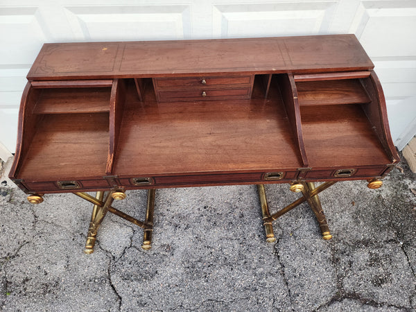 VINTAGE DREXEL OXFORD SQUARE CAMPAIGN TAMBOUR/ ROLL TOP DESK ON GILDED SAWHORSE/ X BASE LEGS