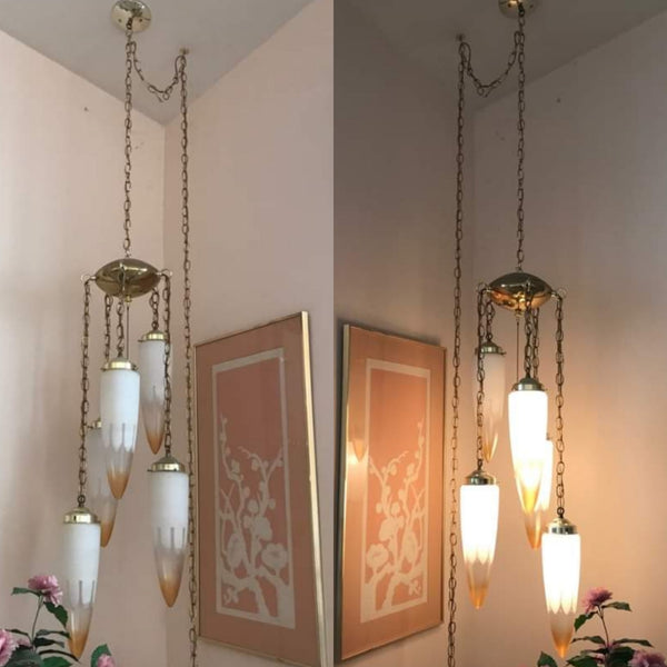 VINTAGE MID CENTURY MODERN BRASS CASCADING 5 LAMP PENDANT SWAG LIGHT FIXTURE/ CHANDELIER