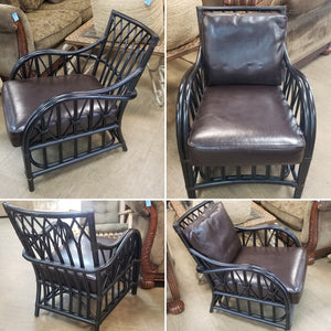 VINTAGE PALECEK BLACK🖤 RATTAN LOUNGE/ O/S/ ACCENT CHAIR W/ LEATHER CUSHIONS
