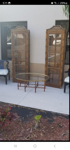 VINTAGE WEIMAN FAUX BAMBOO CAMPAIGN PAGODA ILLUMINATED BRASS N GLASS CURIOT CABINET/ SHELF (2 AVAILABLE)