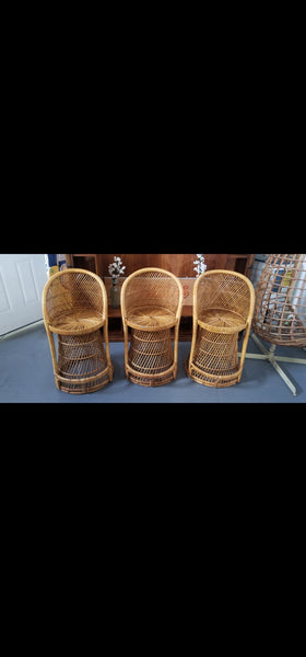 VINTAGE WICKER RATTAN BAMBOO 🎋 BOHO EMMANUELLE  SUNBURST COUNTER BARSTOOLS (3)