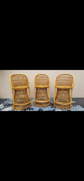 VINTAGE WICKER RATTAN BAMBOO 🎋 BOHO EMMANUELLE  SUNBURST COUNTER BARSTOOLS (3)