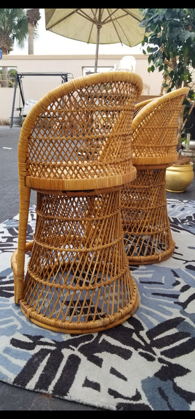 VINTAGE WICKER RATTAN BAMBOO 🎋 BOHO EMMANUELLE  SUNBURST COUNTER BARSTOOLS (3)